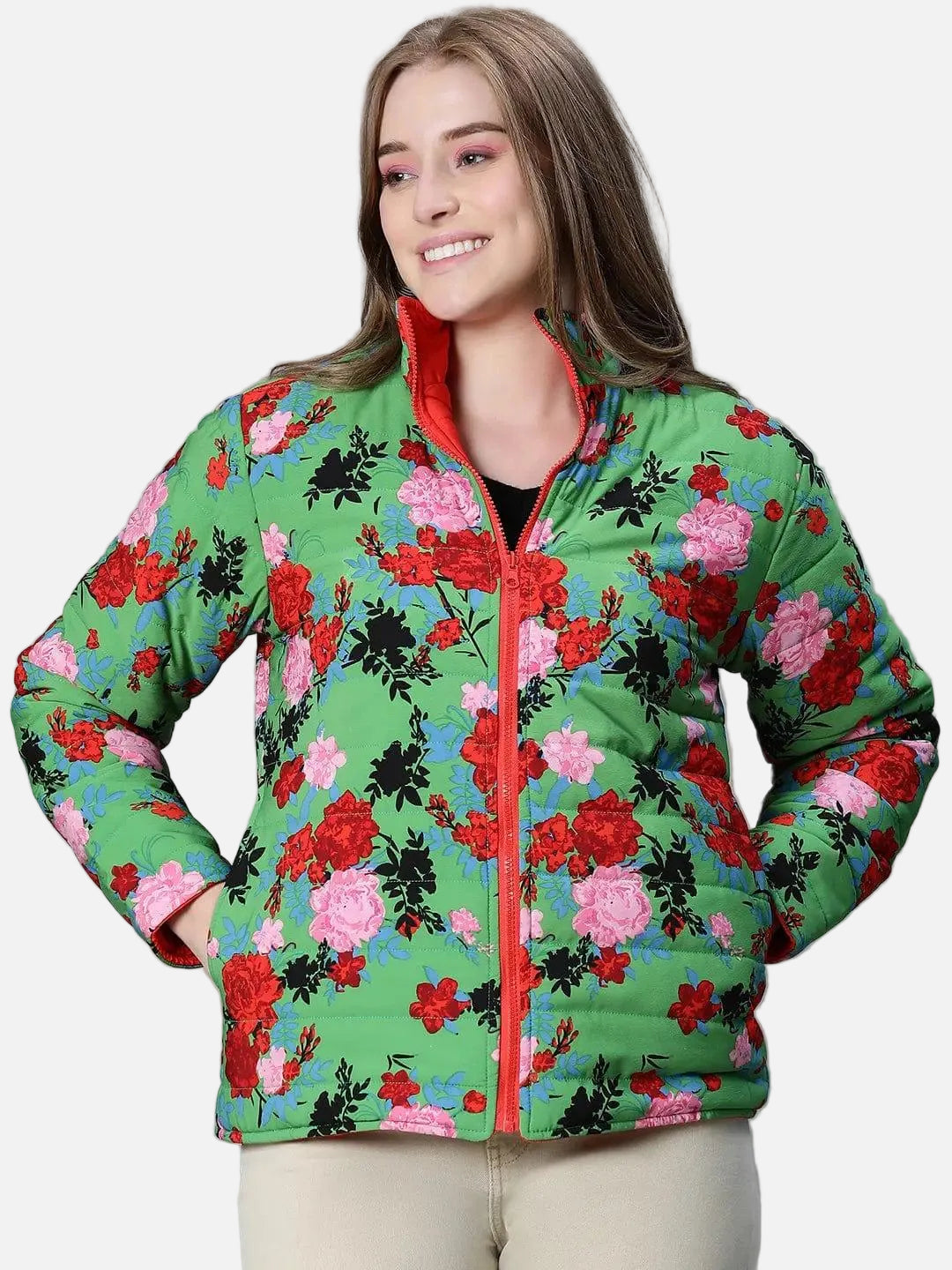 Green Floral Print Reversible Jacket