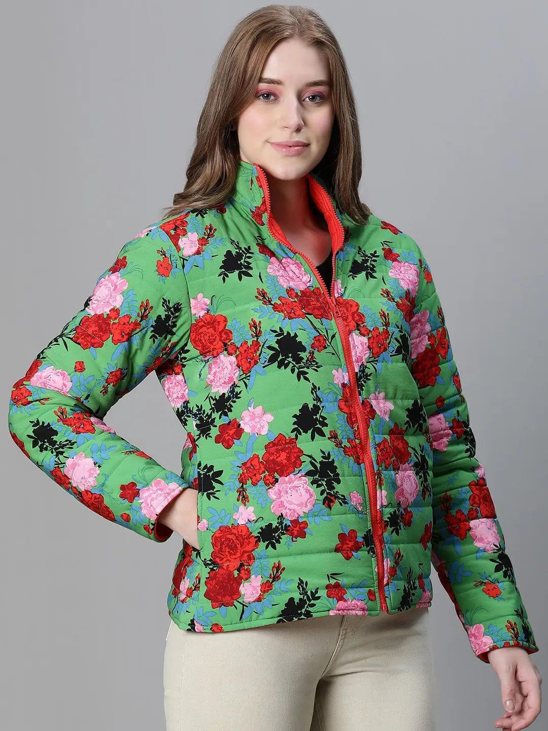 Green Floral Print Reversible Jacket