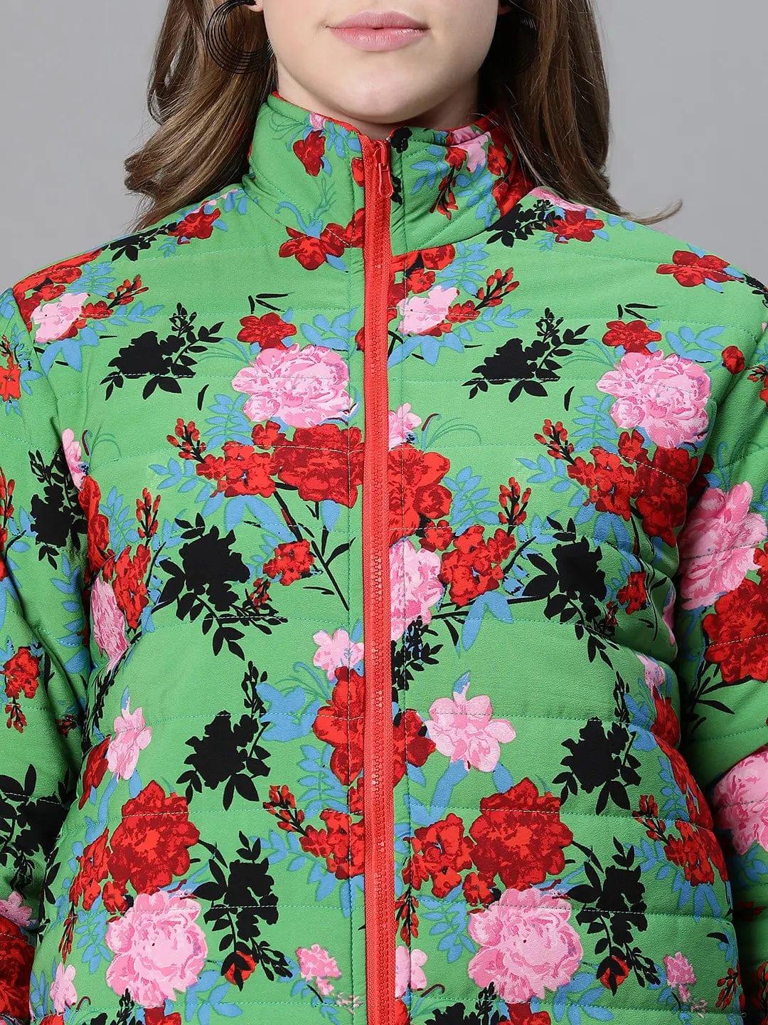 Green Floral Print Reversible Jacket