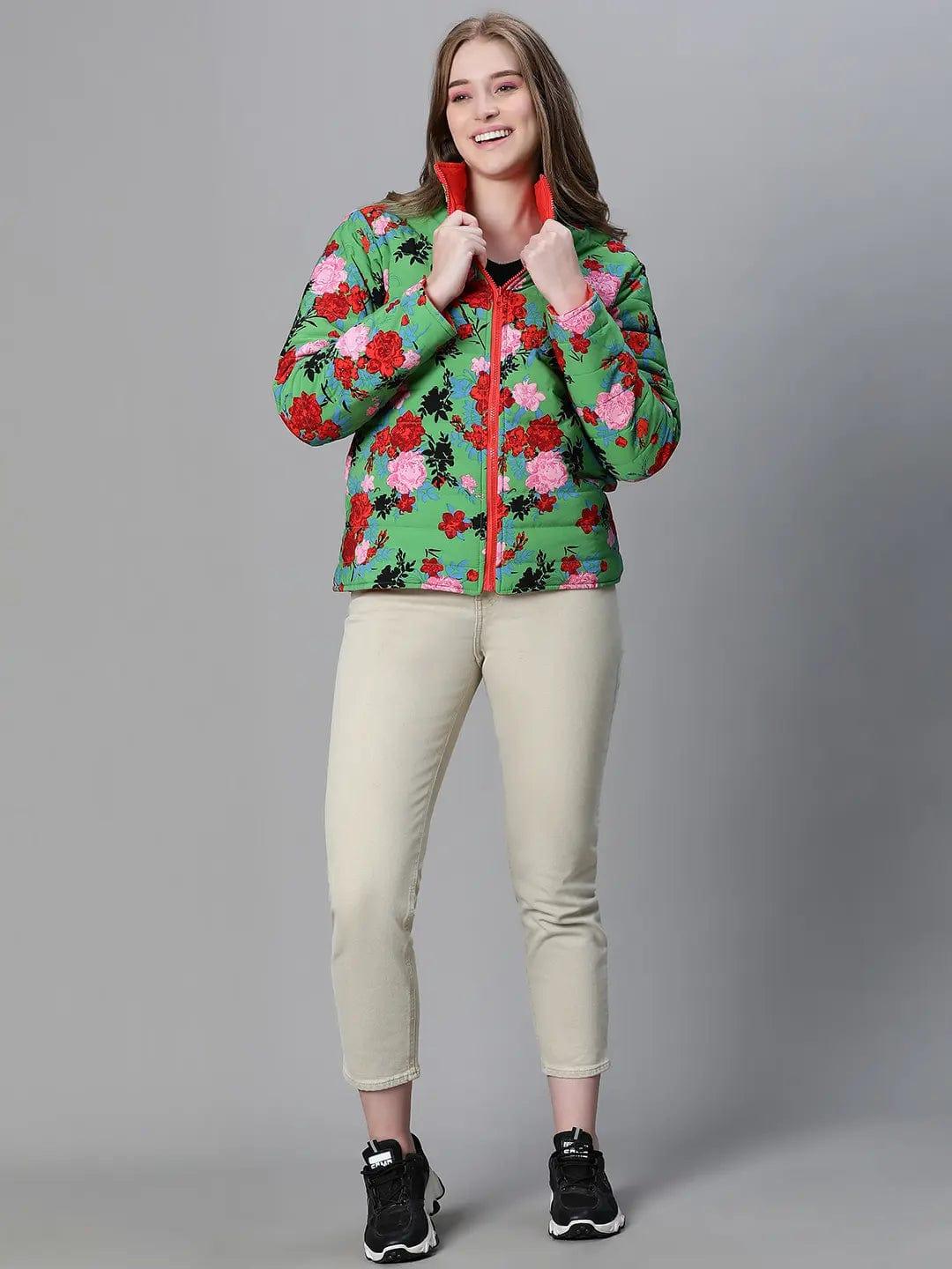Green Floral Print Reversible Jacket