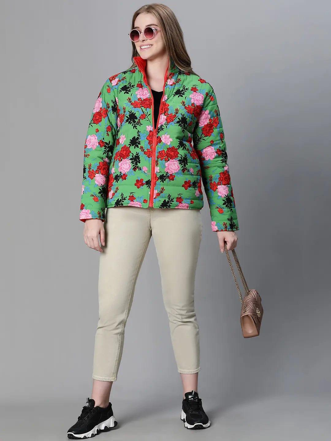 Green Floral Print Reversible Jacket