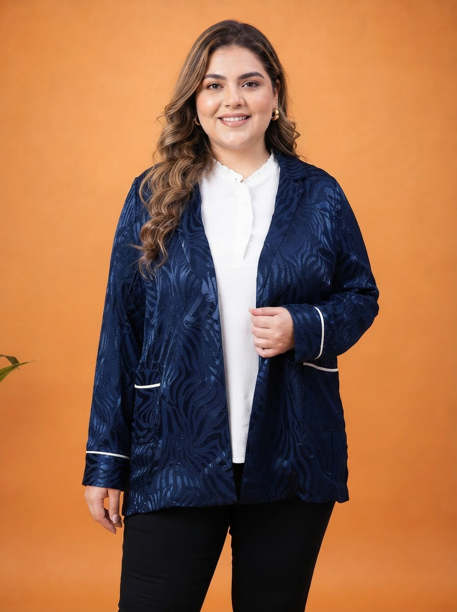 Plus Size Navy Floral Print Blazer Jacket