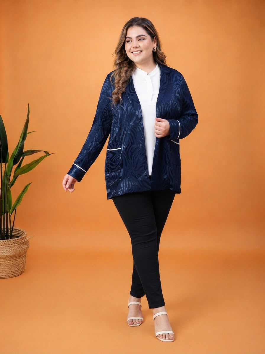 Plus Size Navy Floral Print Blazer Jacket