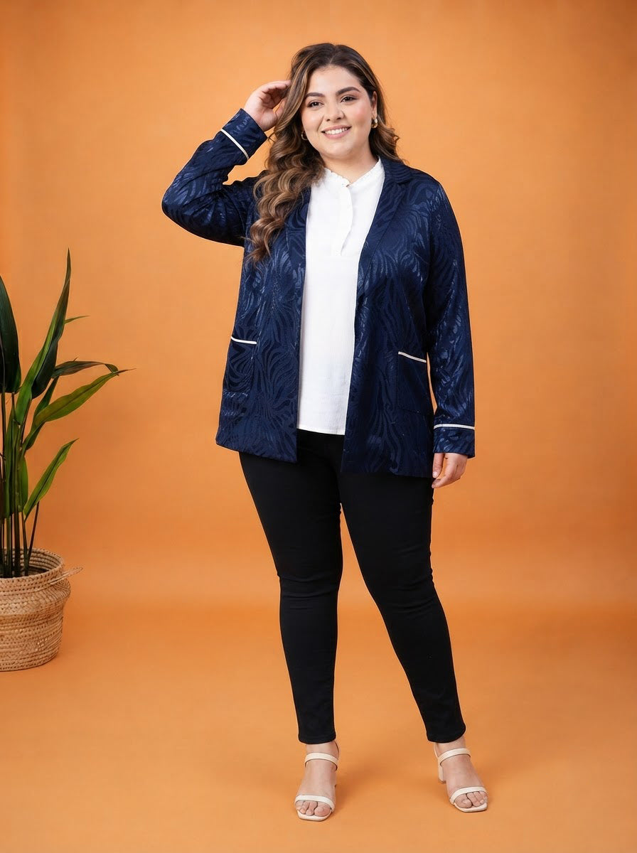 Plus Size Navy Floral Print Blazer Jacket