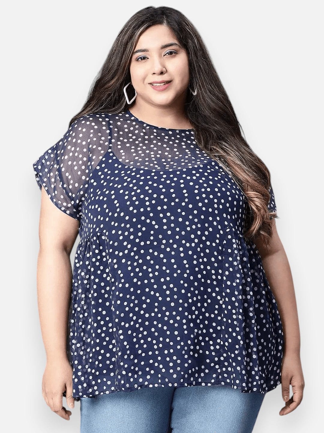 Plus Size Navy Blue Polka Dot Top
