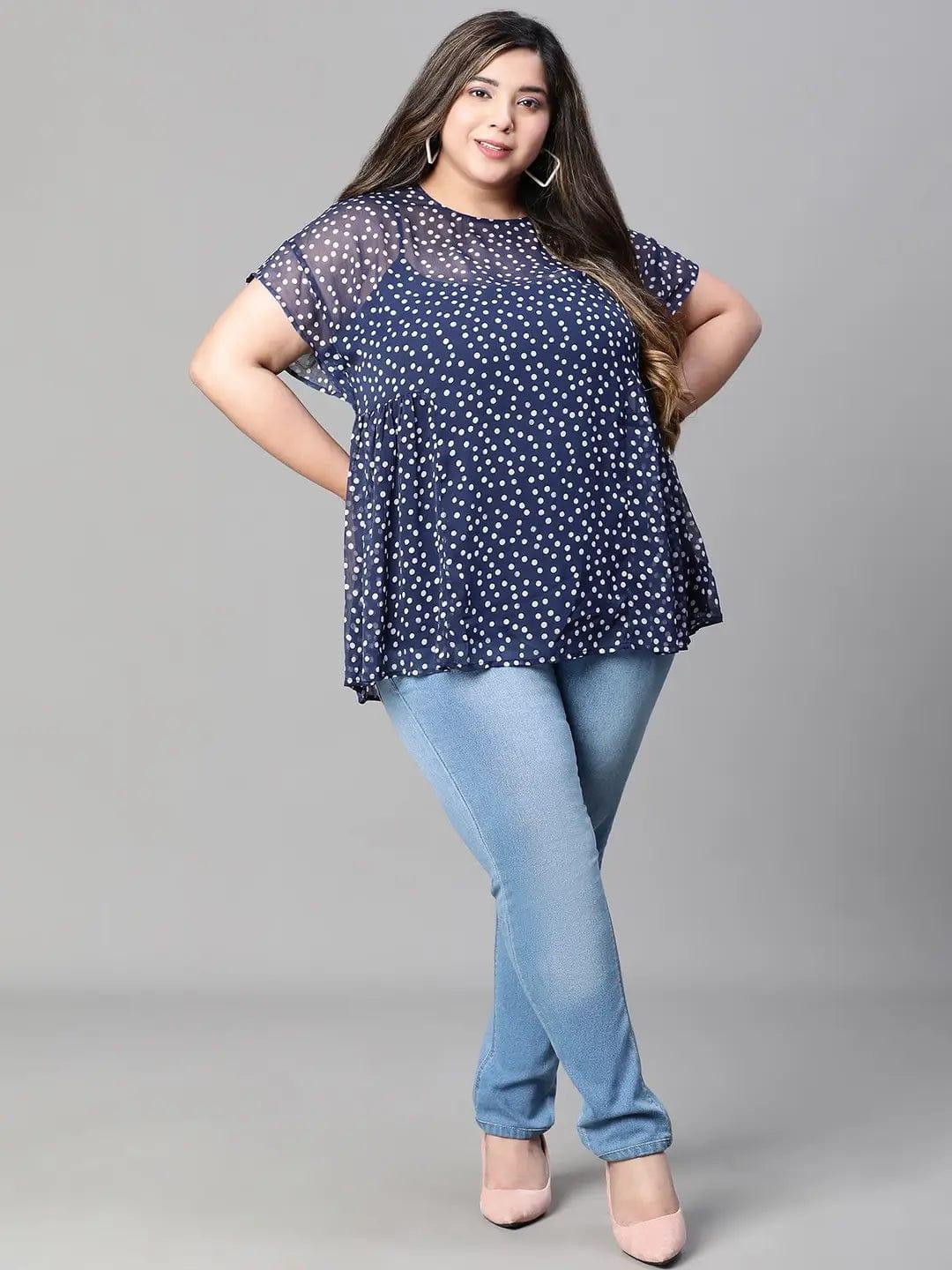 Plus Size Navy Blue Polka Dot Top