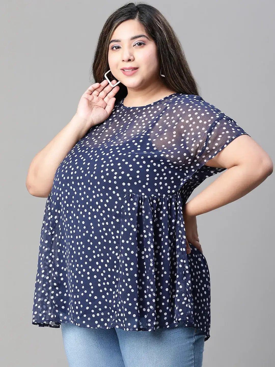 Plus Size Navy Blue Polka Dot Top
