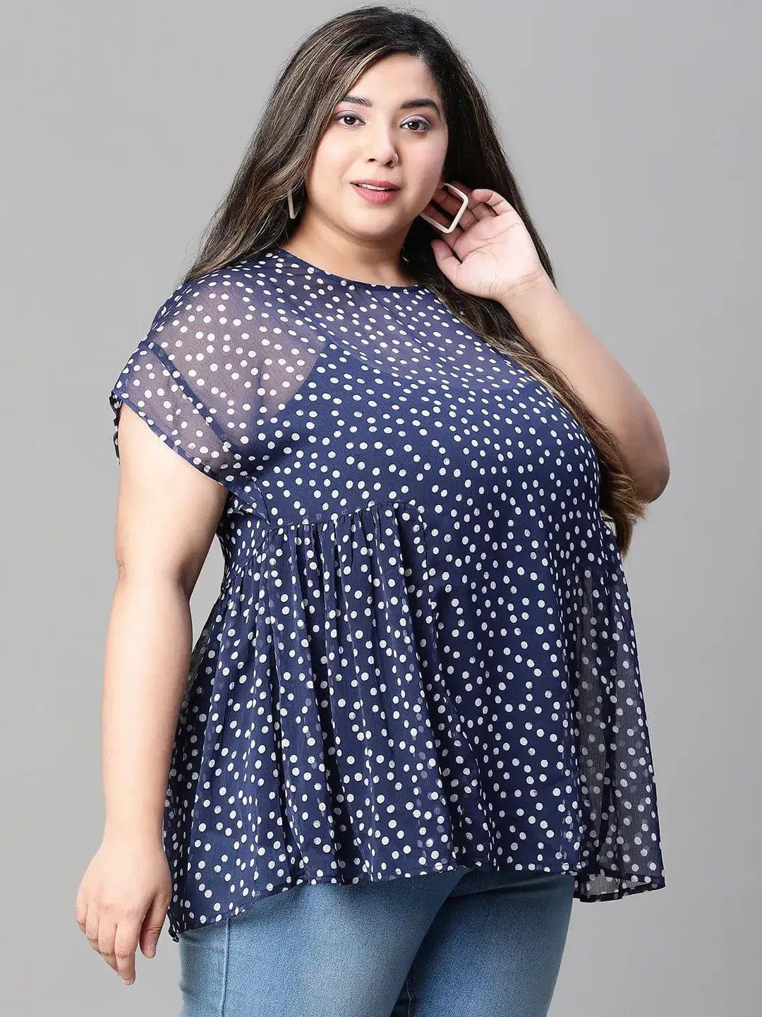 Plus Size Navy Blue Polka Dot Top