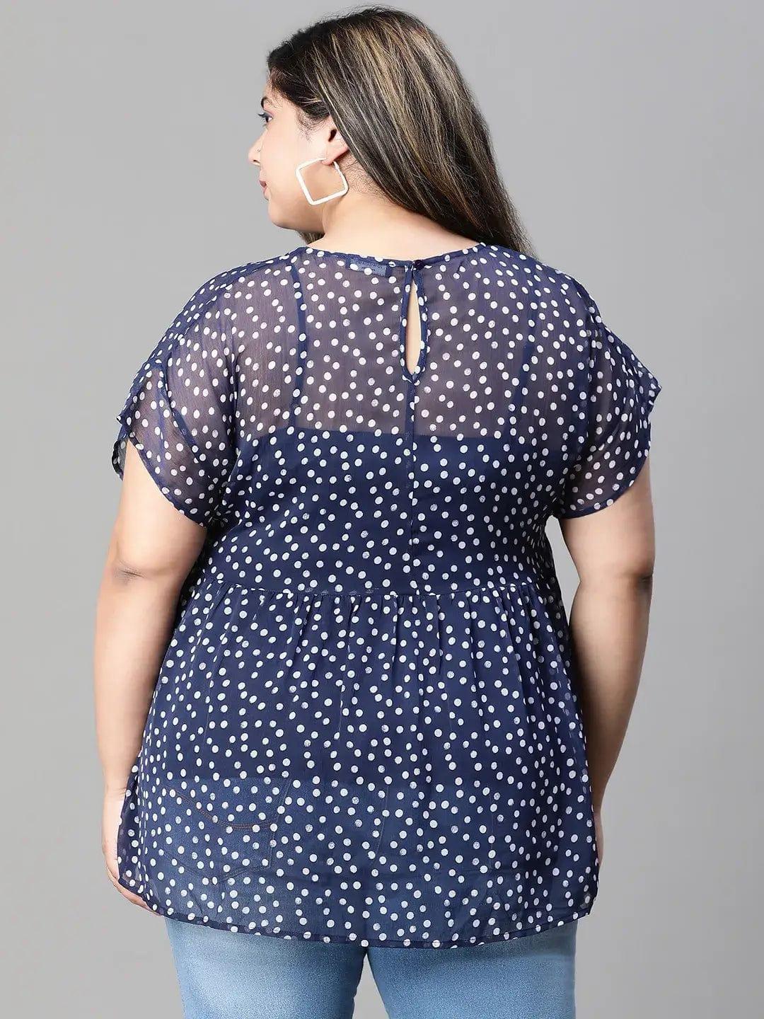 Plus Size Navy Blue Polka Dot Top