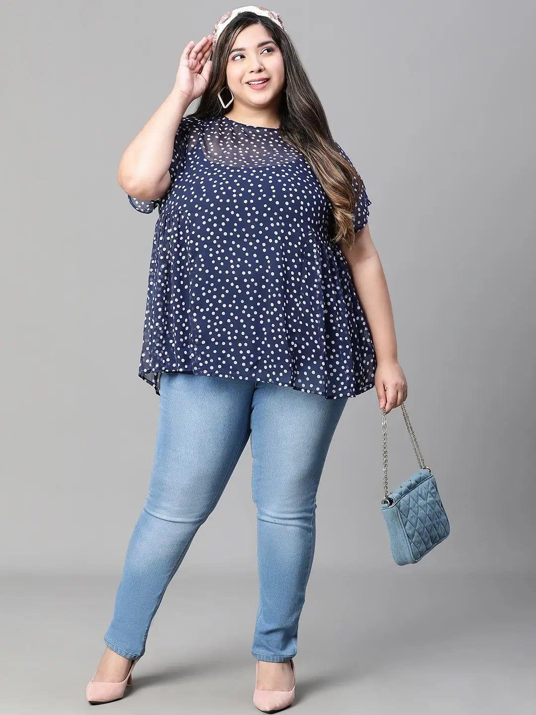 Plus Size Navy Blue Polka Dot Top