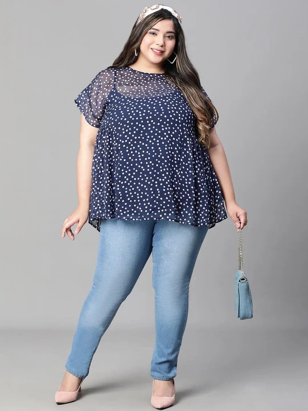 Plus Size Navy Blue Polka Dot Top
