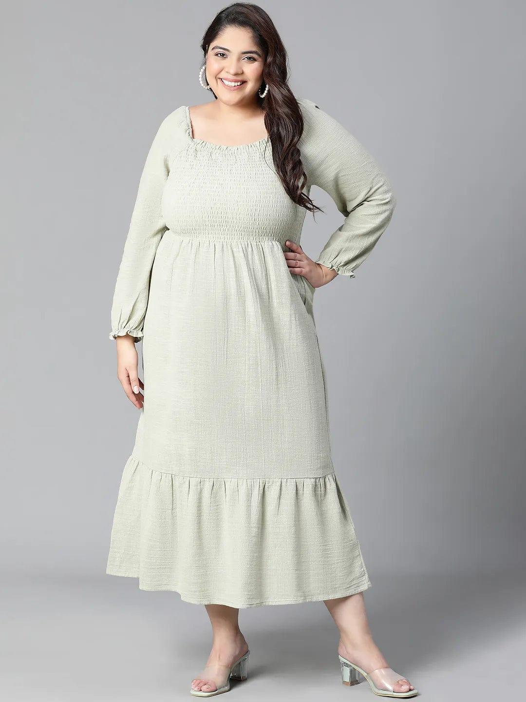 Charming Green Smocked Long Plus Size Curvy Cotton Dress For Summer - oxolloxo