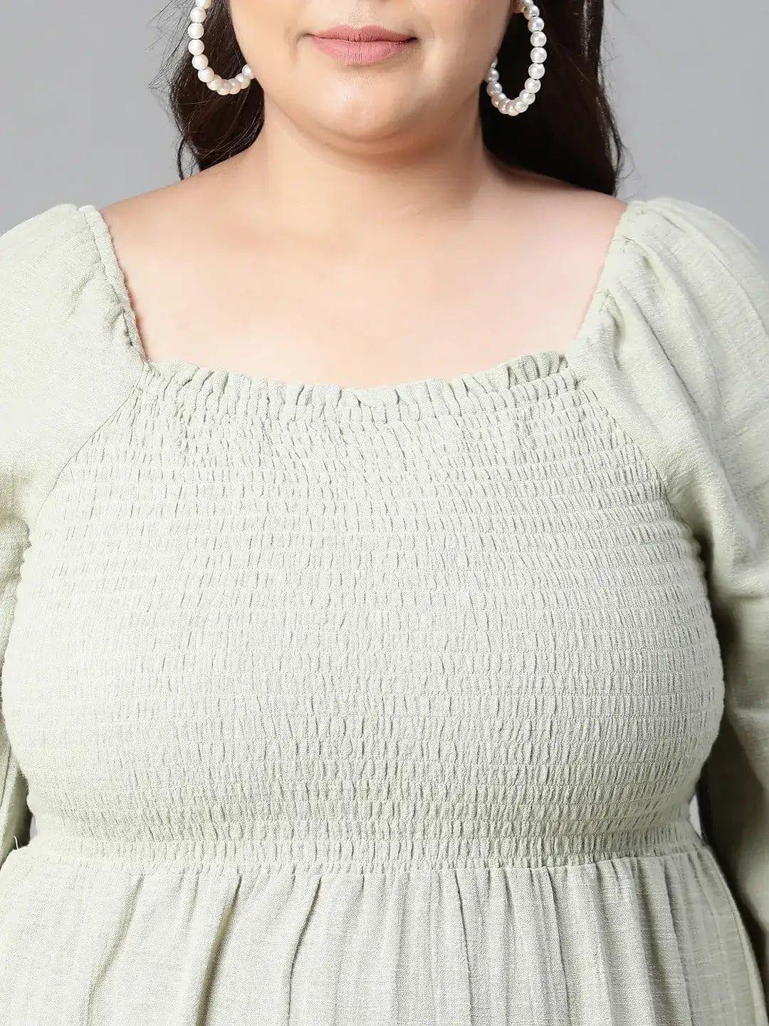 Charming Green Smocked Long Plus Size Curvy Cotton Dress For Summer - oxolloxo