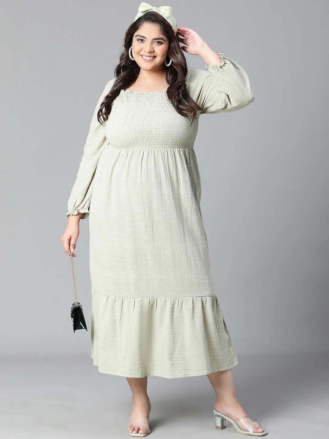 Charming Green Smocked Long Plus Size Curvy Cotton Dress For Summer - oxolloxo