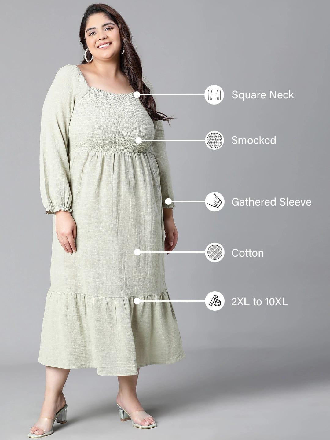 Charming Green Smocked Long Plus Size Curvy Cotton Dress For Summer - oxolloxo