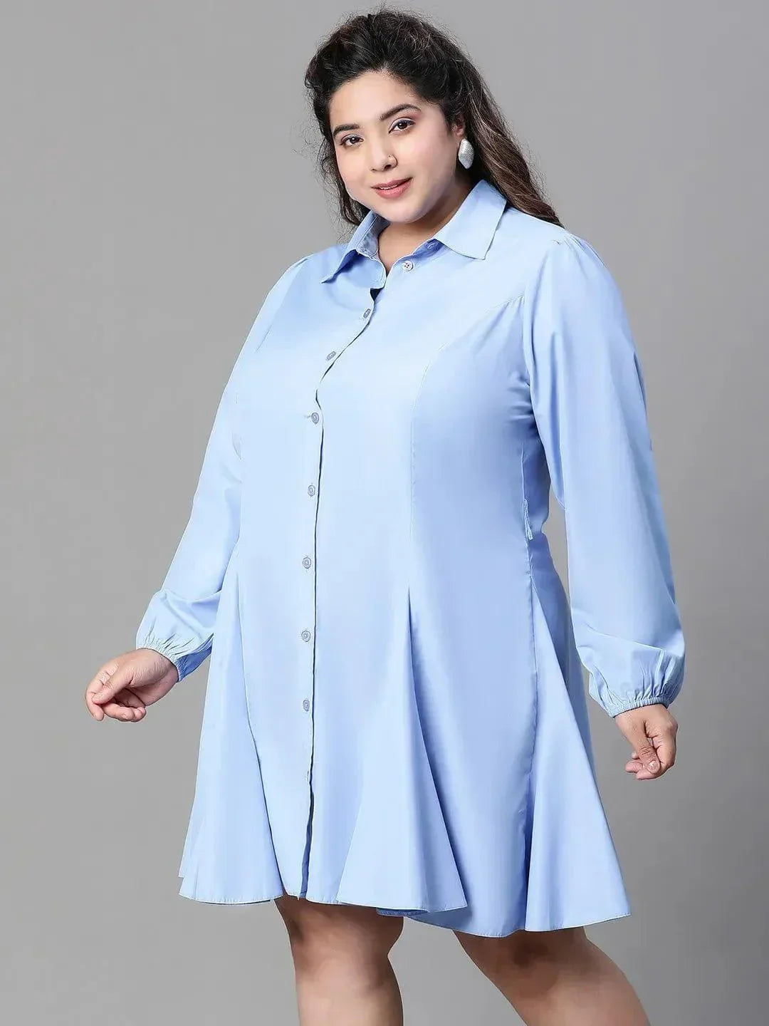 Magnified Blue Long Sleeve Button Down Plus Size Curvy Women Cotton Dress - oxolloxo