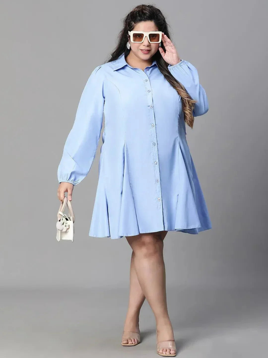 Magnified Blue Long Sleeve Button Down Plus Size Curvy Women Cotton Dress - oxolloxo
