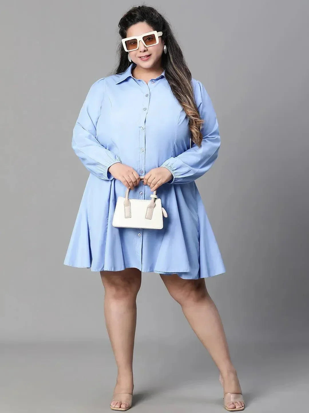 Magnified Blue Long Sleeve Button Down Plus Size Curvy Women Cotton Dress - oxolloxo