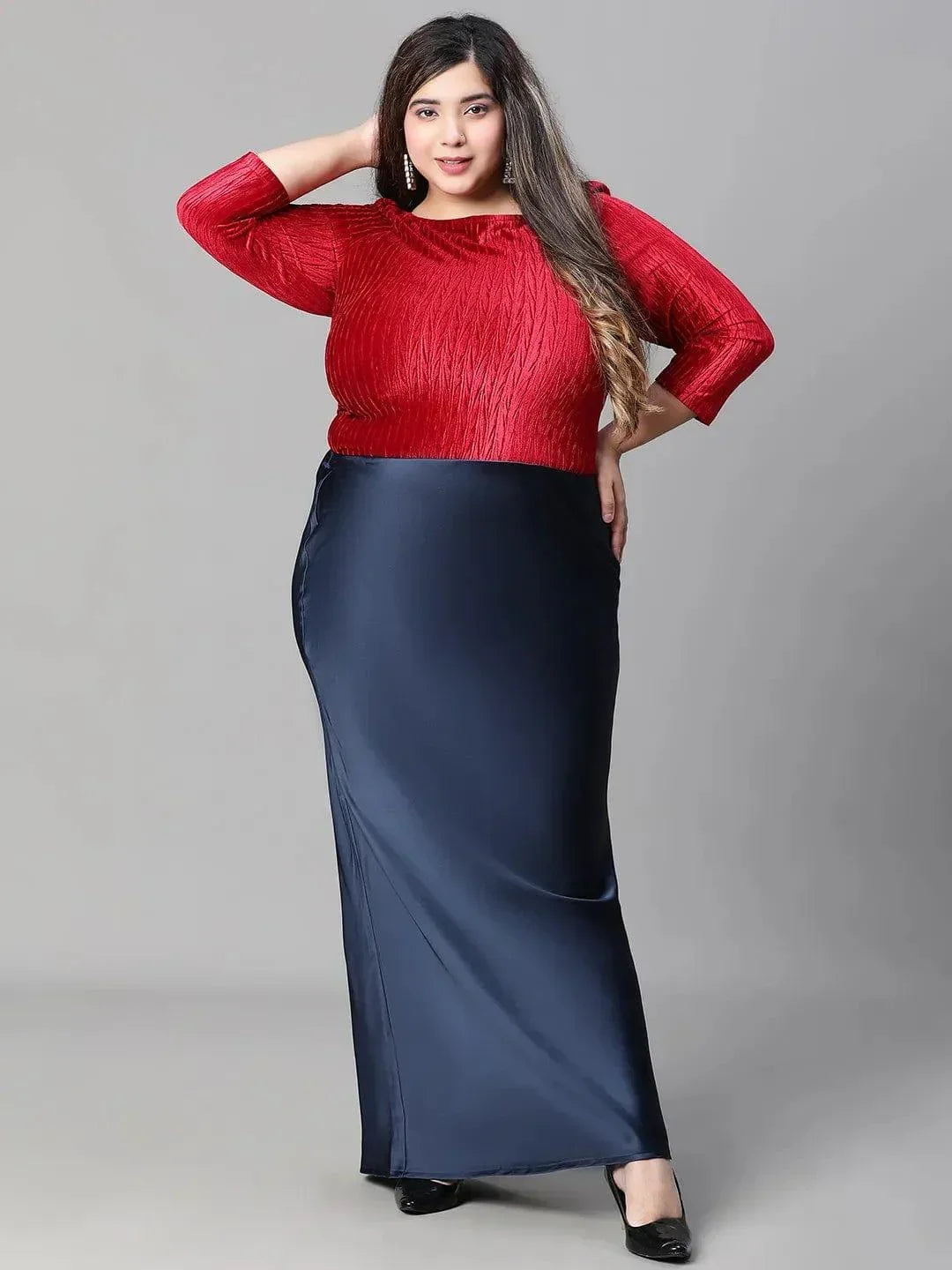 navy-blue-elasticated-plus-size-women-long-satin-skirt