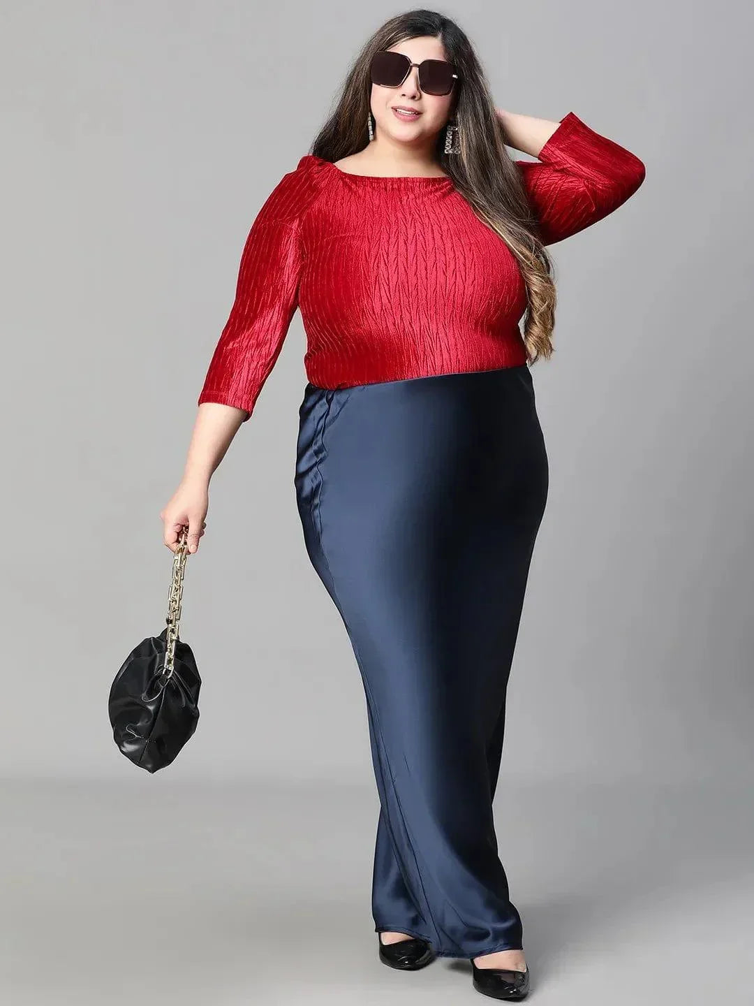 navy-blue-elasticated-plus-size-women-long-satin-skirt