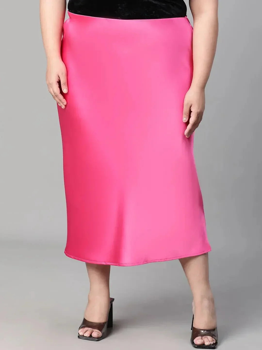 Eye-catchy Elasticated Plus Size Women Knee-length Satin Skirt - oxolloxo