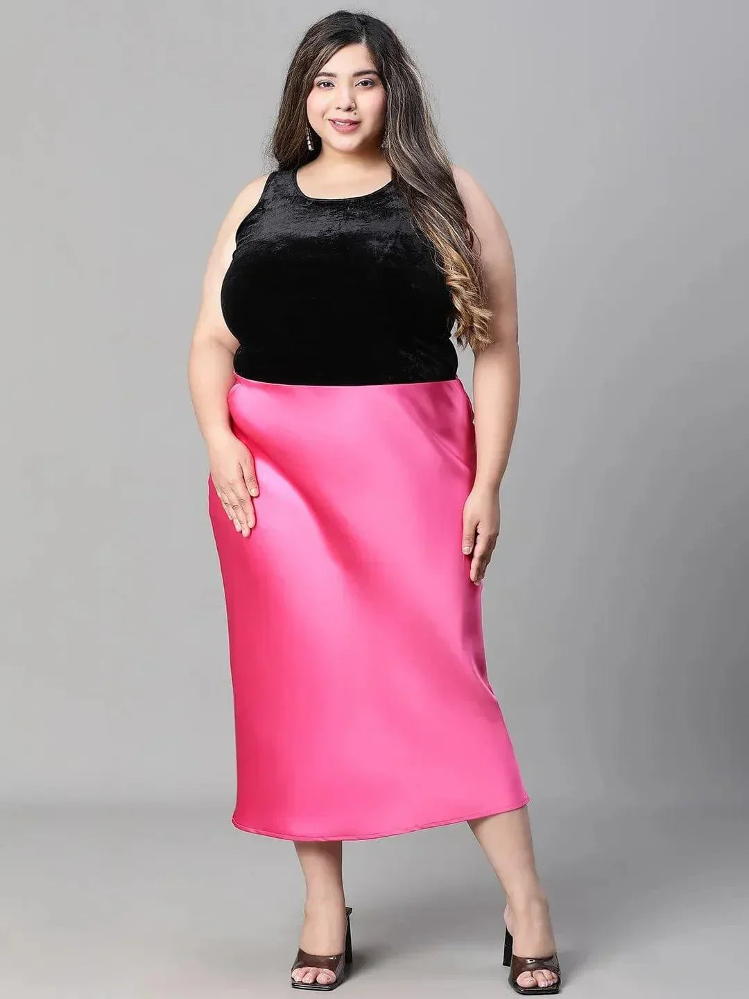 Eye-catchy Elasticated Plus Size Women Knee-length Satin Skirt - oxolloxo