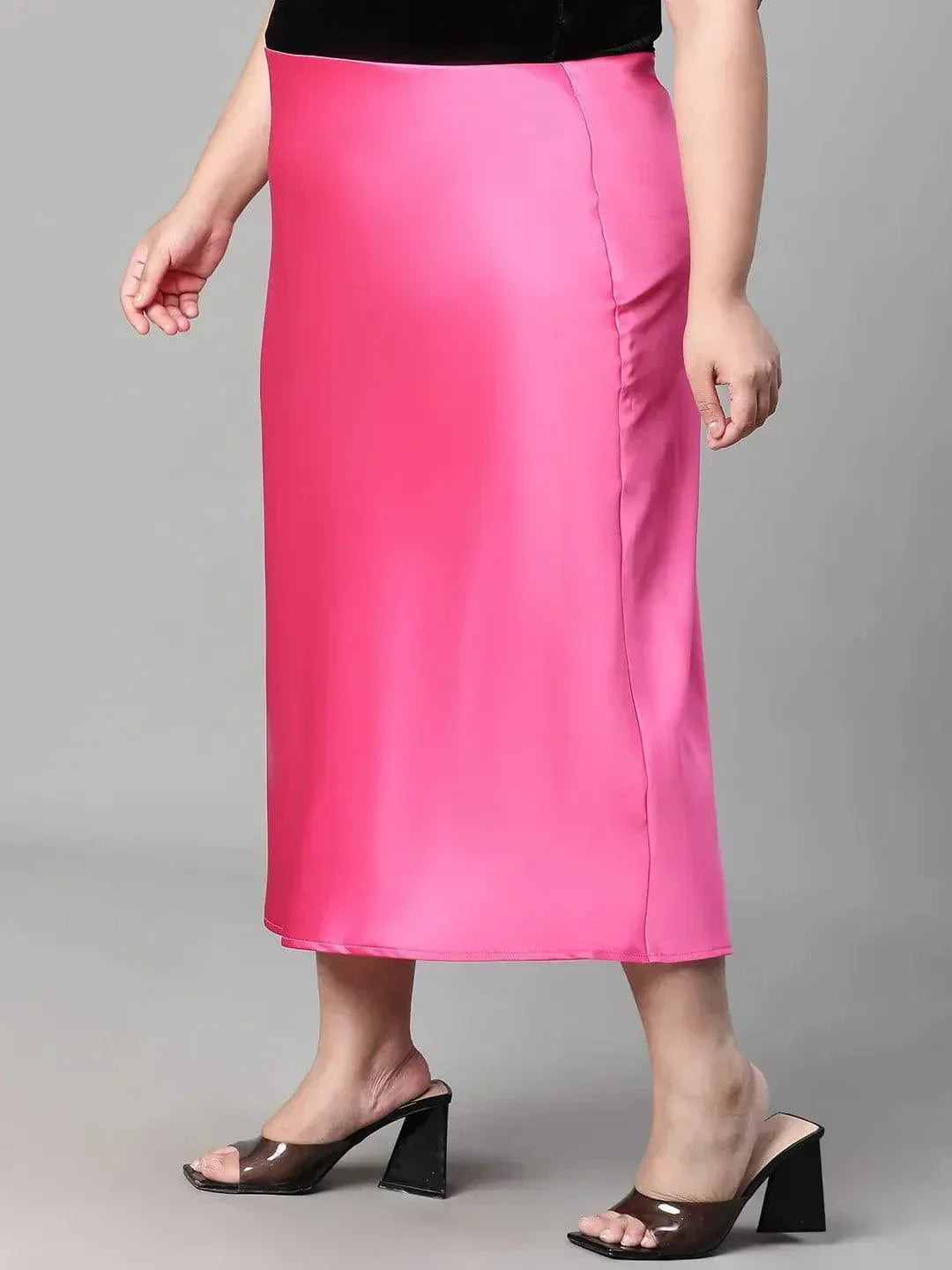 Eye-catchy Elasticated Plus Size Women Knee-length Satin Skirt - oxolloxo