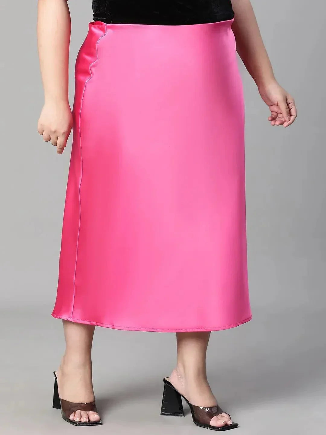 Eye-catchy Elasticated Plus Size Women Knee-length Satin Skirt - oxolloxo