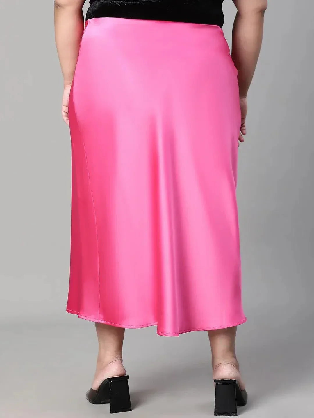 Eye-catchy Elasticated Plus Size Women Knee-length Satin Skirt - oxolloxo
