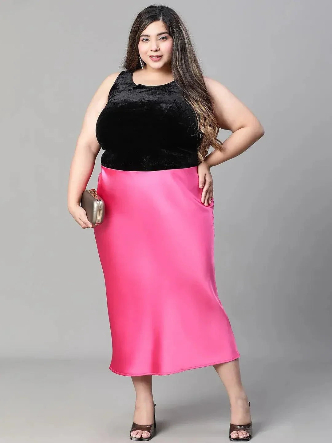Eye-catchy Elasticated Plus Size Women Knee-length Satin Skirt - oxolloxo