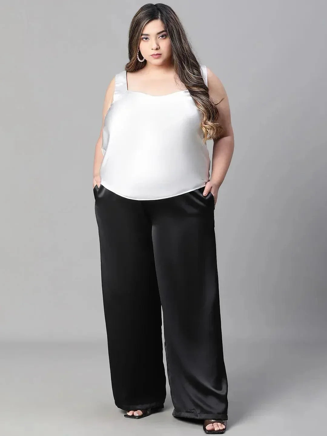 Charming grey sleeveless plus size partywear satin Loopy Top - oxolloxo