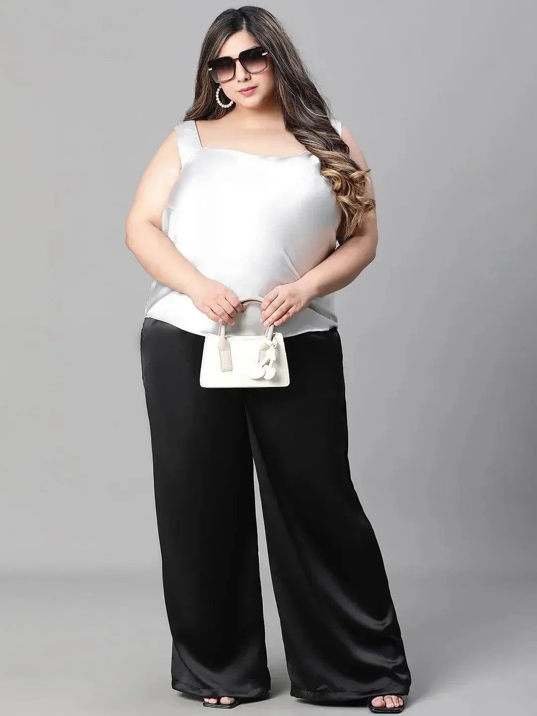 Charming grey sleeveless plus size partywear satin Loopy Top - oxolloxo