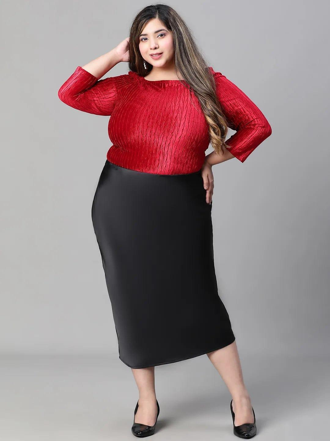 Solid Black Elasticated Knee-length Plus Size Satin Skirt - oxolloxo
