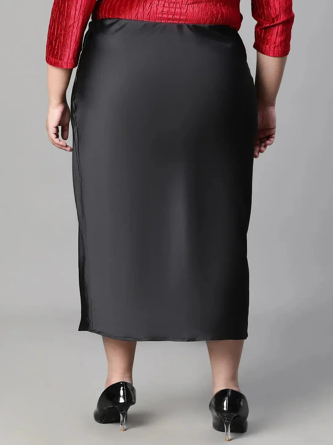 Solid Black Elasticated Knee-length Plus Size Satin Skirt - oxolloxo