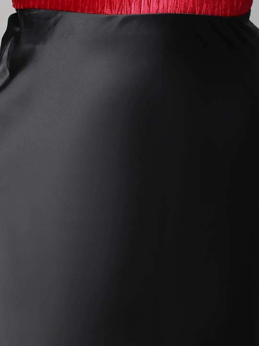 Solid Black Elasticated Knee-length Plus Size Satin Skirt - oxolloxo