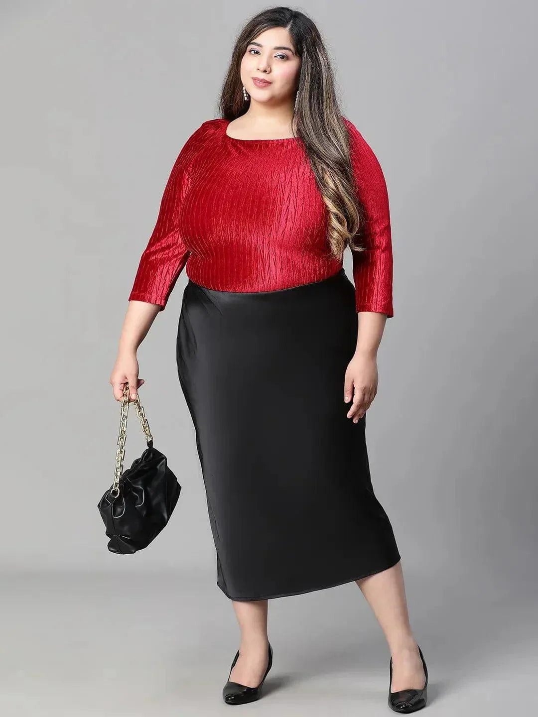 Solid Black Elasticated Knee-length Plus Size Satin Skirt - oxolloxo