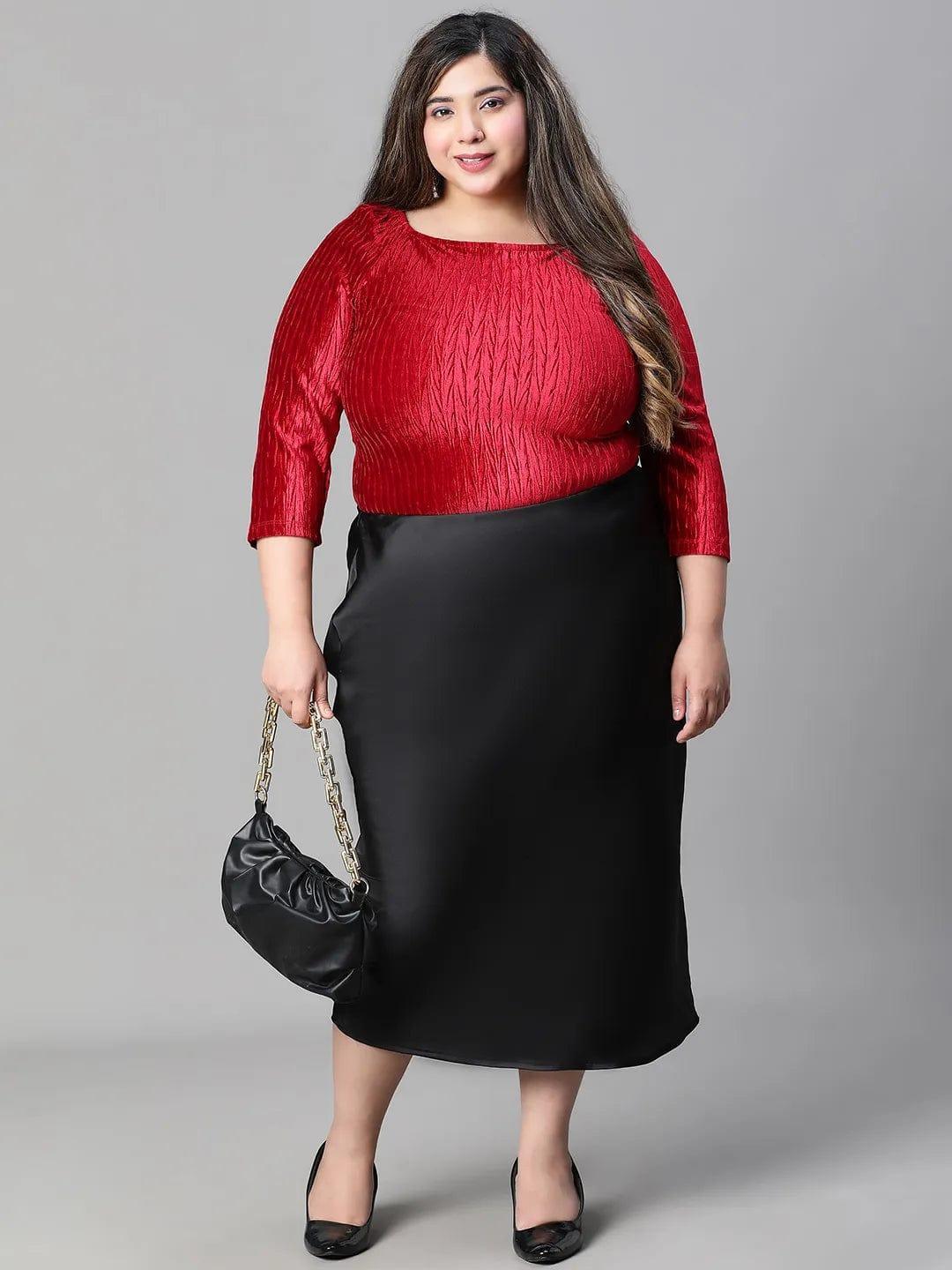 Solid Black Elasticated Knee-length Plus Size Satin Skirt - oxolloxo