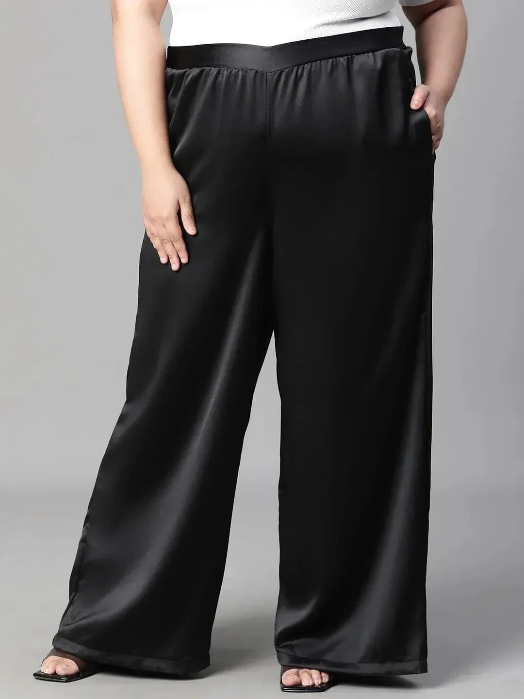 Dearly black elasticated plus size flare satin pant - oxolloxo
