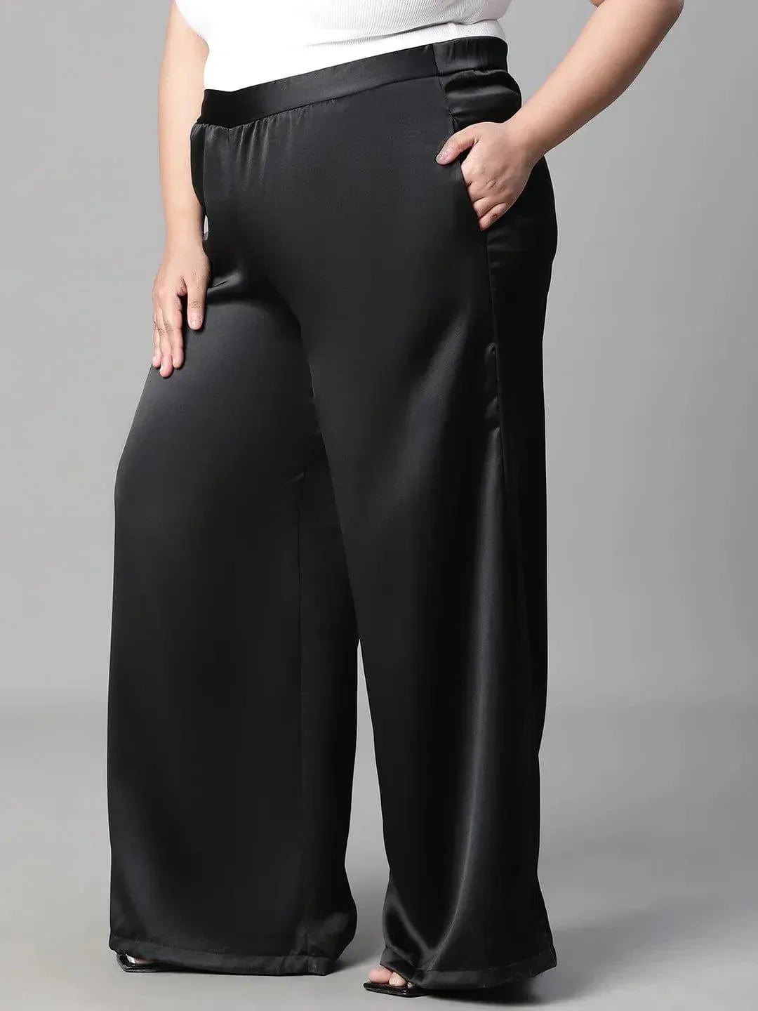 Dearly black elasticated plus size flare satin pant - oxolloxo