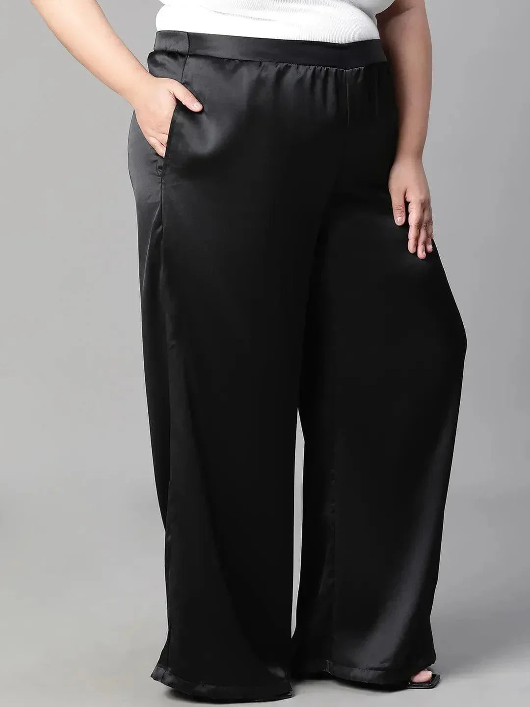 Dearly black elasticated plus size flare satin pant - oxolloxo
