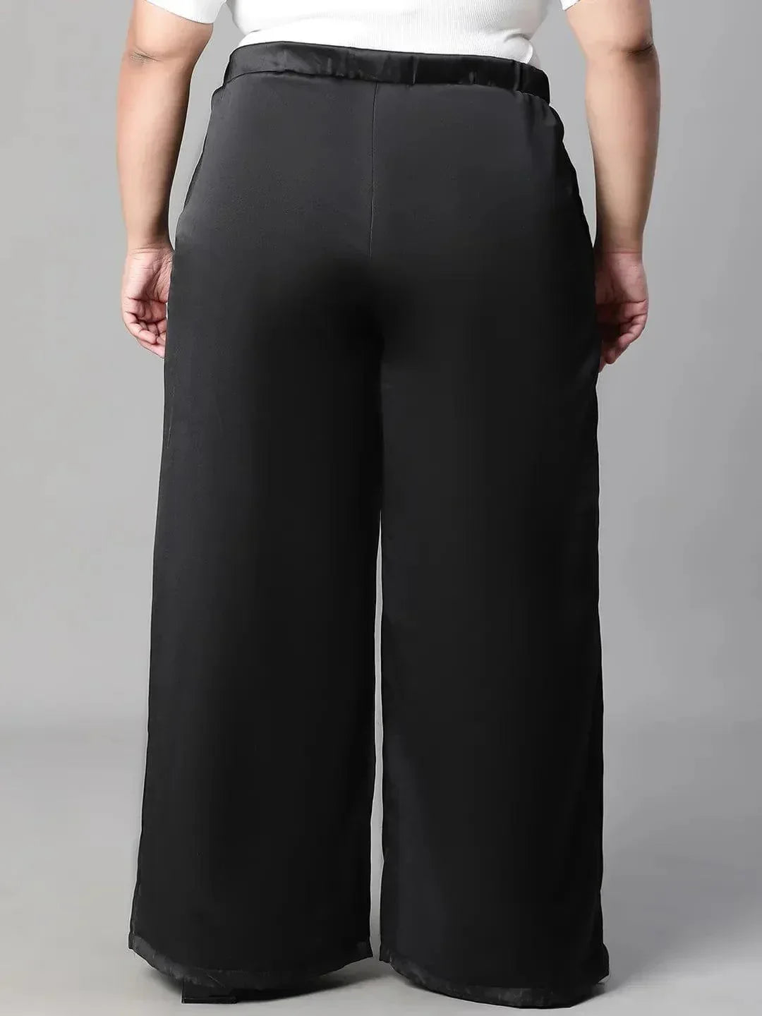 Dearly black elasticated plus size flare satin pant - oxolloxo