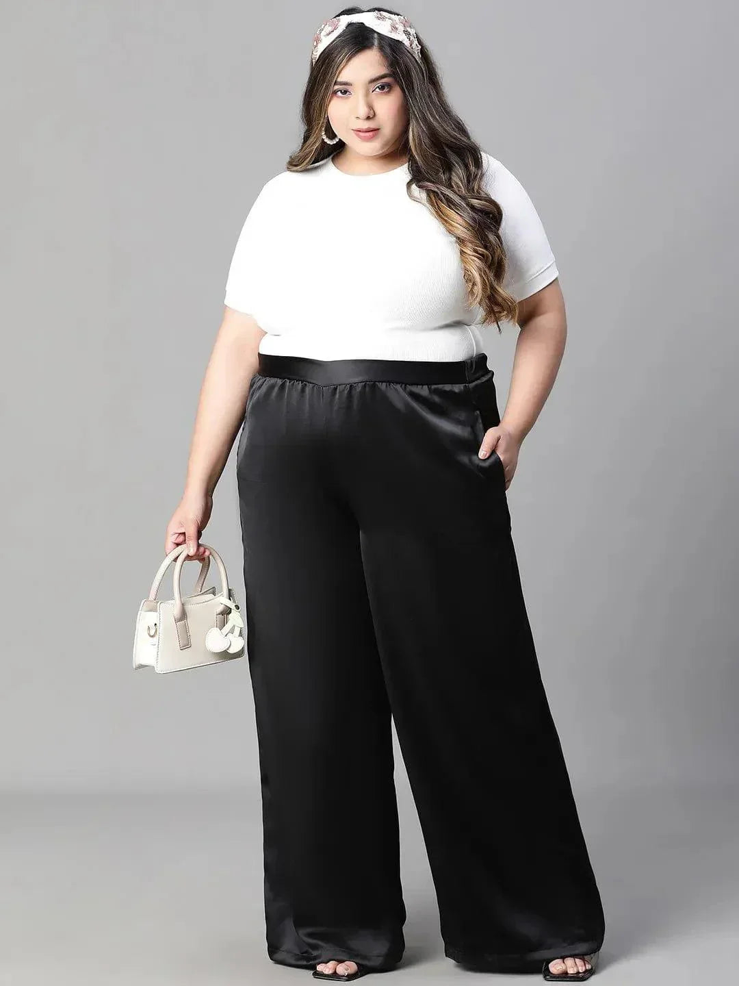 Dearly black elasticated plus size flare satin pant - oxolloxo