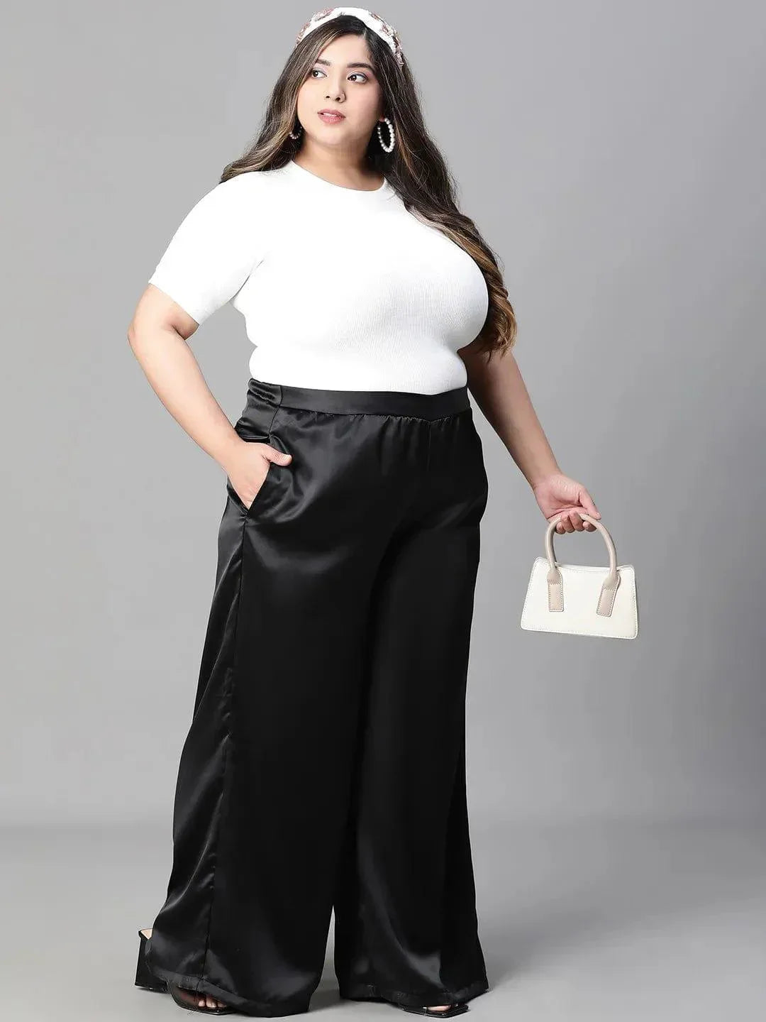 Dearly black elasticated plus size flare satin pant - oxolloxo