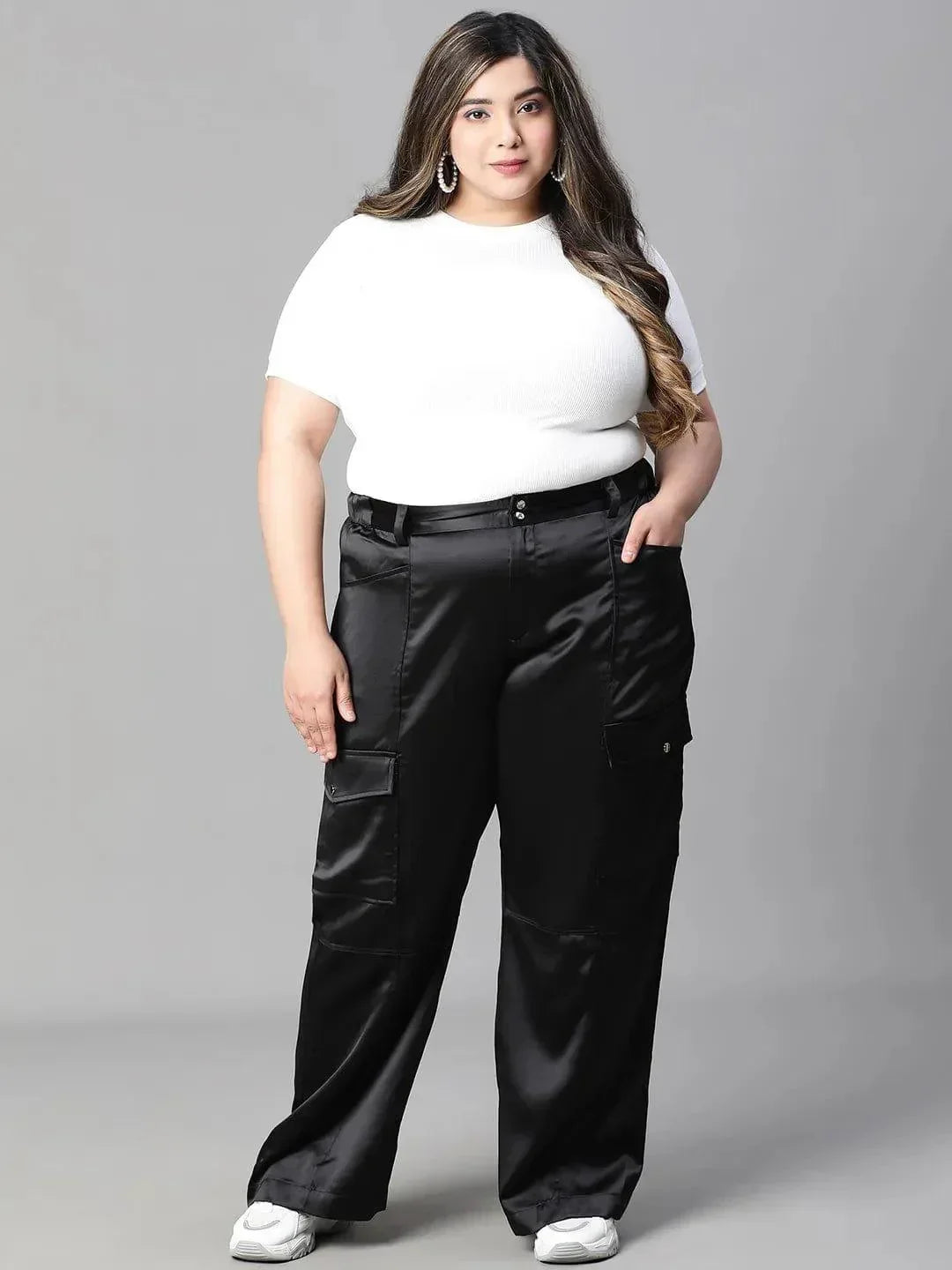 Meraki Black Elasticated Plus Size Cargo Satin Pant - oxolloxo