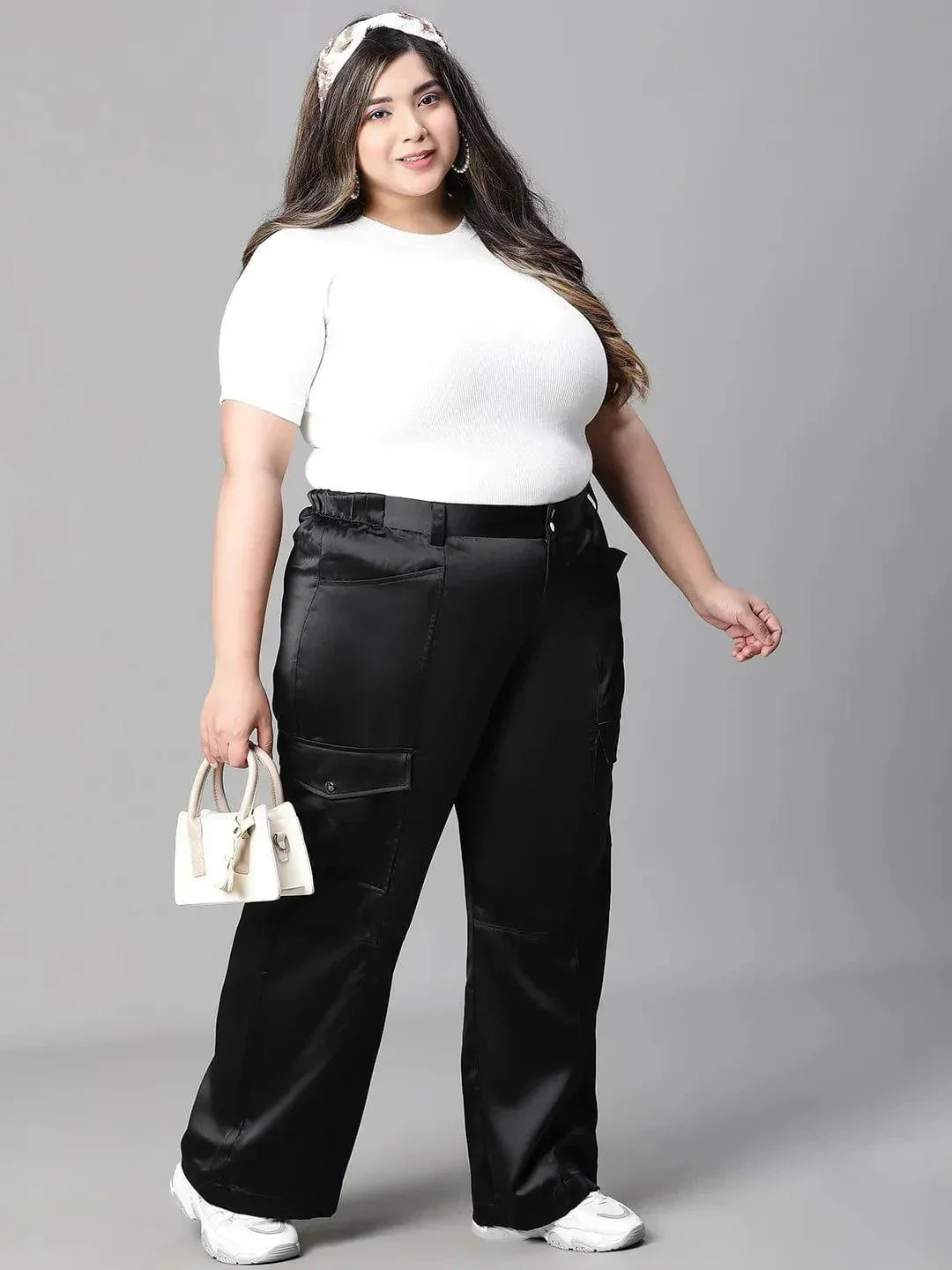 Meraki Black Elasticated Plus Size Cargo Satin Pant - oxolloxo