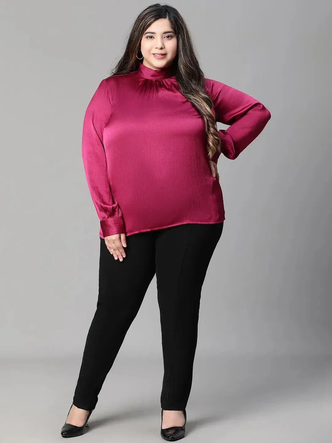 Bravo maroon long sleeve plus size women satin Loopy Top - oxolloxo