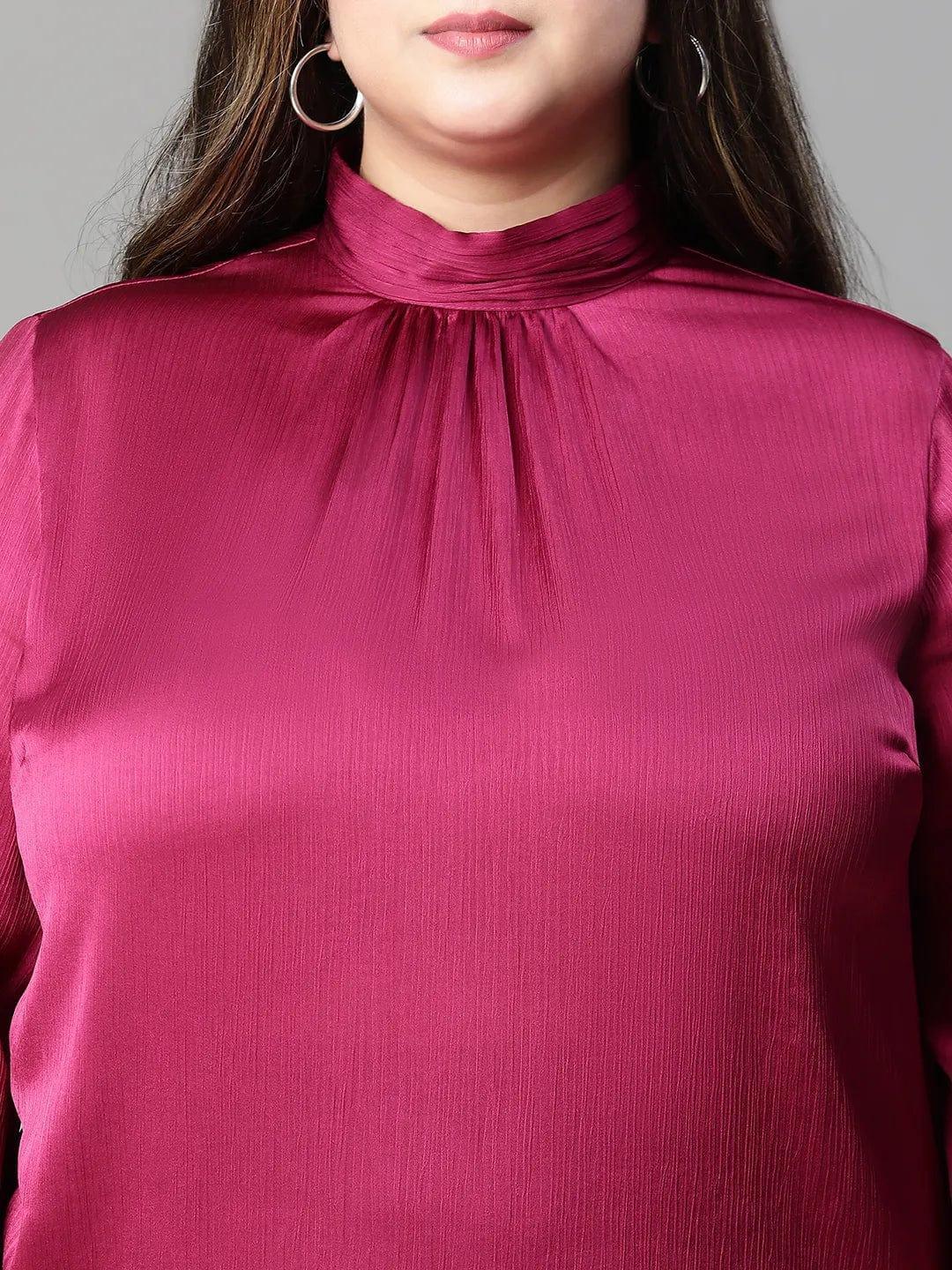 Bravo maroon long sleeve plus size women satin Loopy Top - oxolloxo