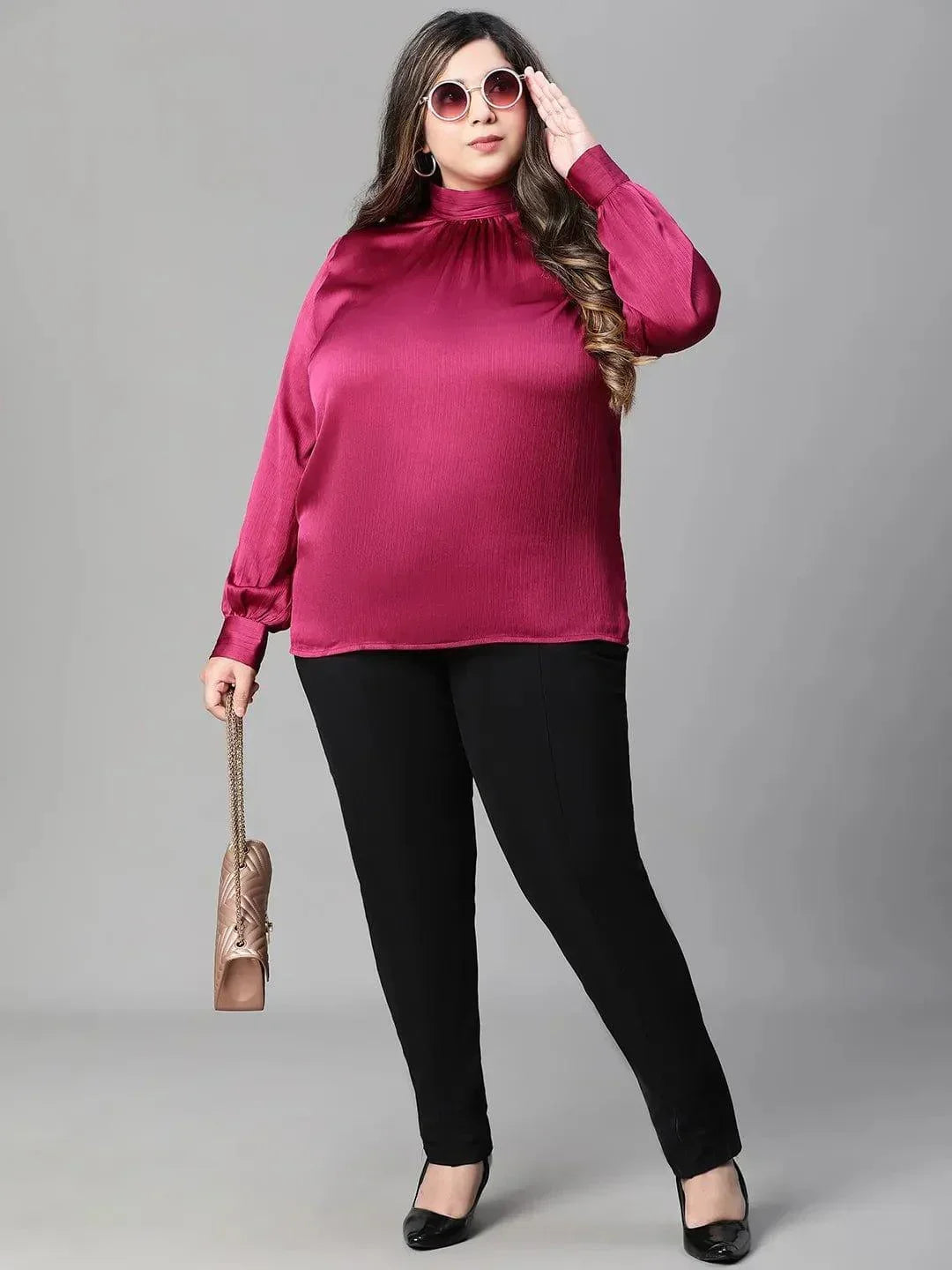 Bravo maroon long sleeve plus size women satin Loopy Top - oxolloxo