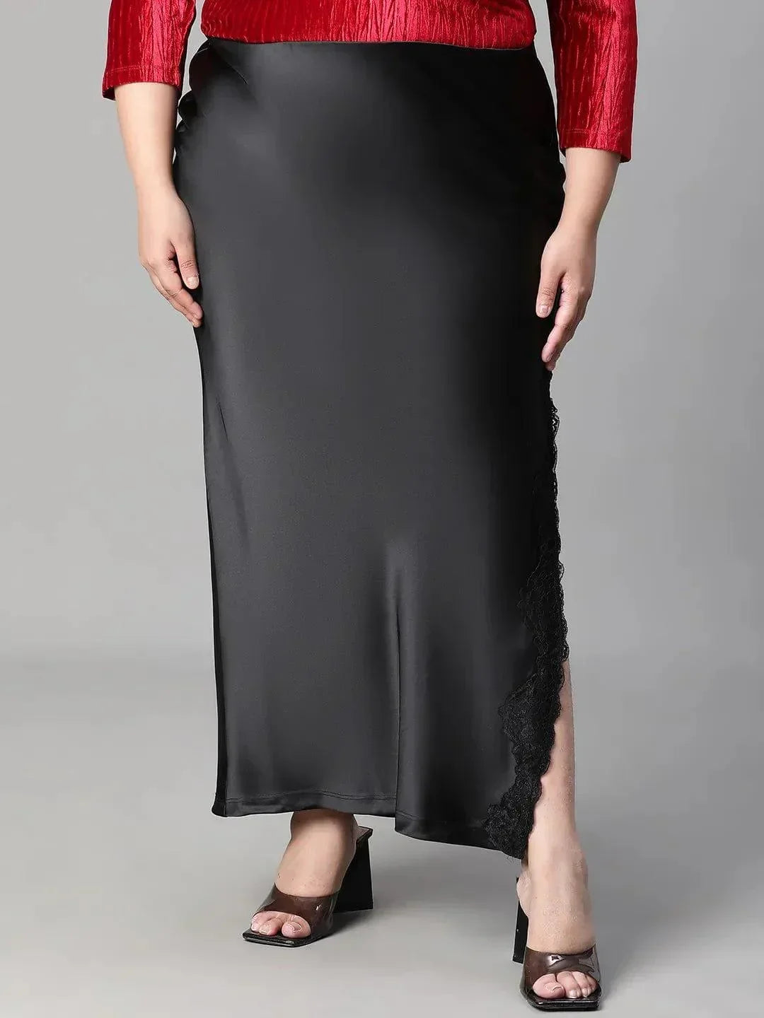 Heavy Black Elasticated With Slit Cut Plus Size Women Satin Skirt - oxolloxo