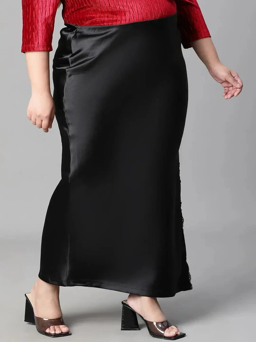 Heavy Black Elasticated With Slit Cut Plus Size Women Satin Skirt - oxolloxo